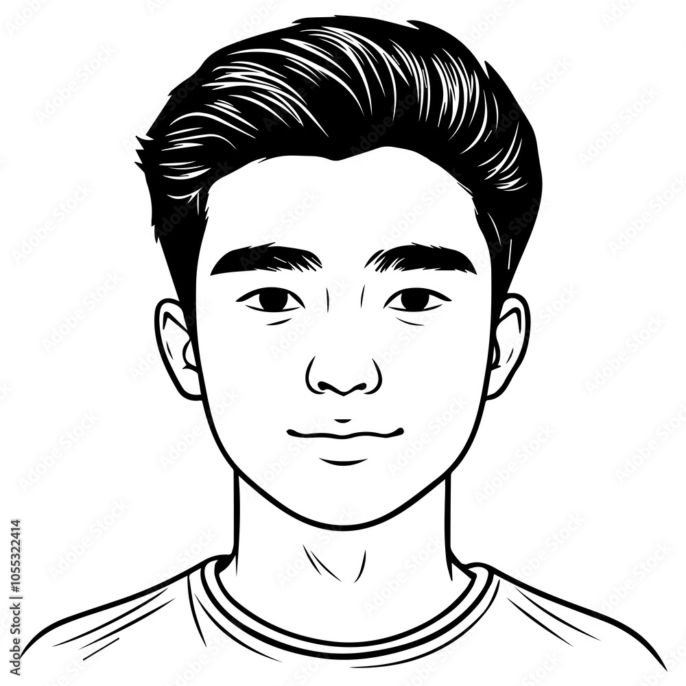 A vector illustration of a young Asian man smiling happily, presented in a vibrant black and white style A vector illustration of a young Asian man smiling happily, presented in a vibrant black and white style