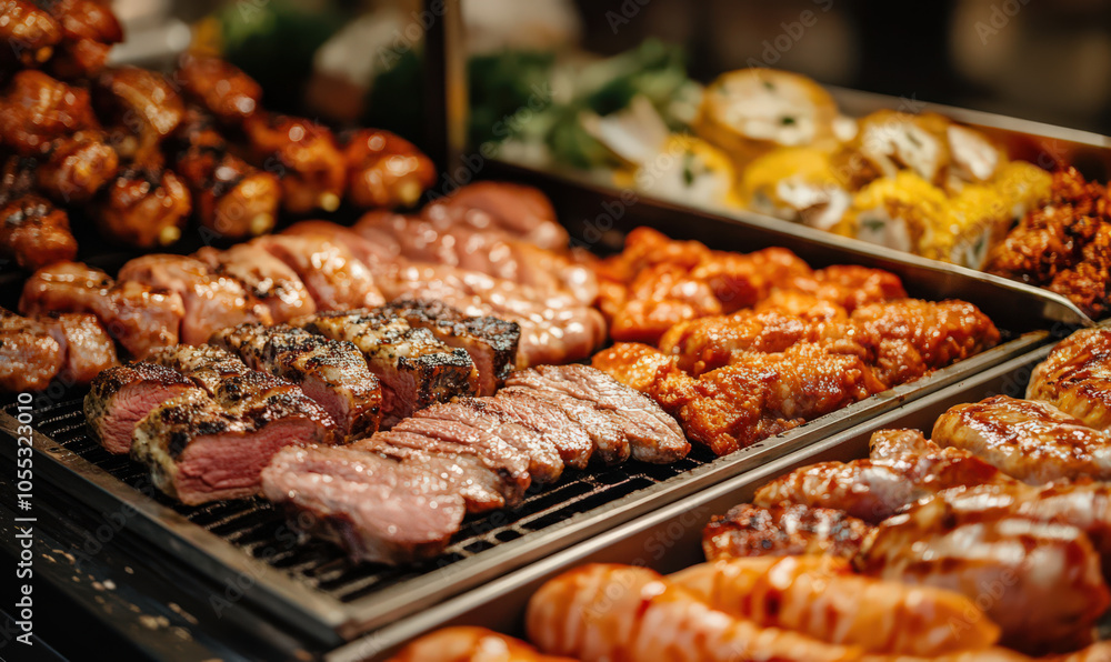 Grilled meat and seafood on display at food market Grilled meat and seafood on display at food market