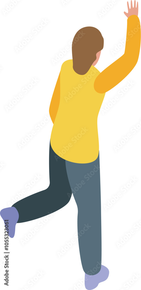 Running late person waving goodbye or hello in yellow shirt and gray pants, isometric view Running late person waving goodbye or hello in yellow shirt and gray pants, isometric view