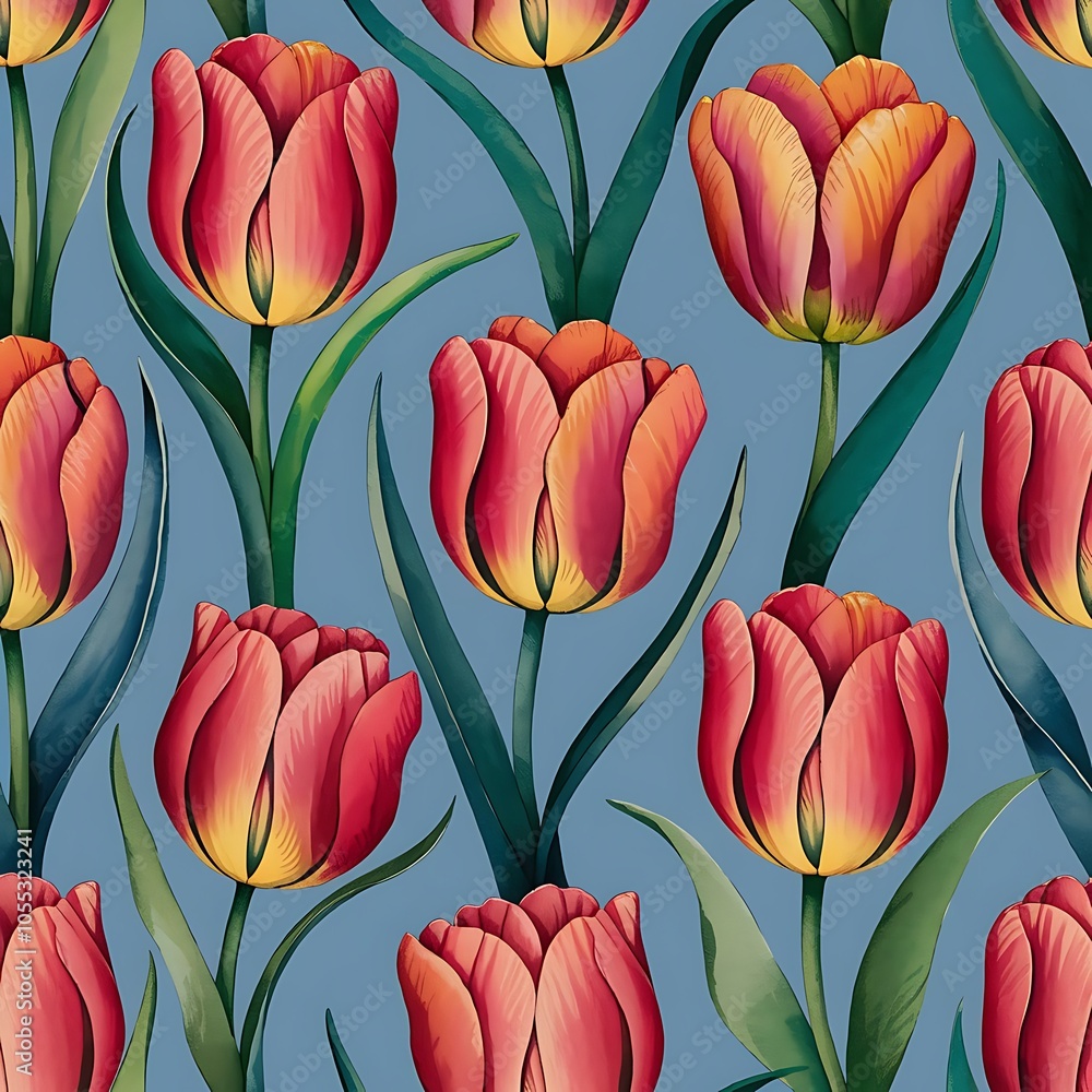 Amazing red tulip flowers with green leaves. Hand drawn botanical flowers. Watercolor background illustration. Seamless pattern. Fabric wallpaper print texture. Amazing red tulip flowers with green leaves. Hand drawn botanical flowers. Watercolor background illustration. Seamless pattern. Fabric wallpaper print texture.