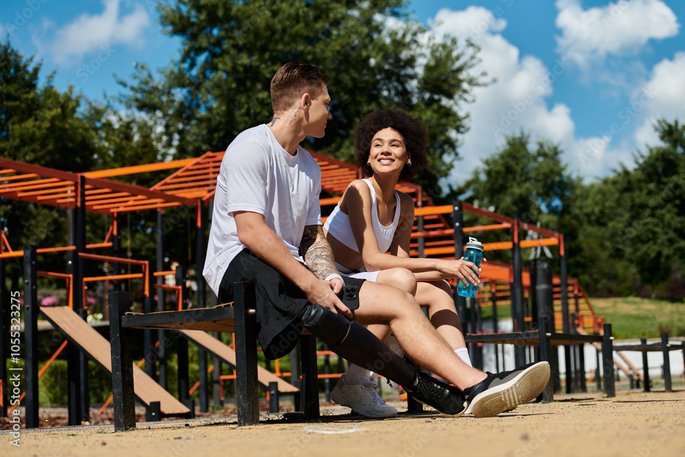 happy friends take a break after workout outdoors, embracing diversity in fitness. happy friends take a break after workout outdoors, embracing diversity in fitness.