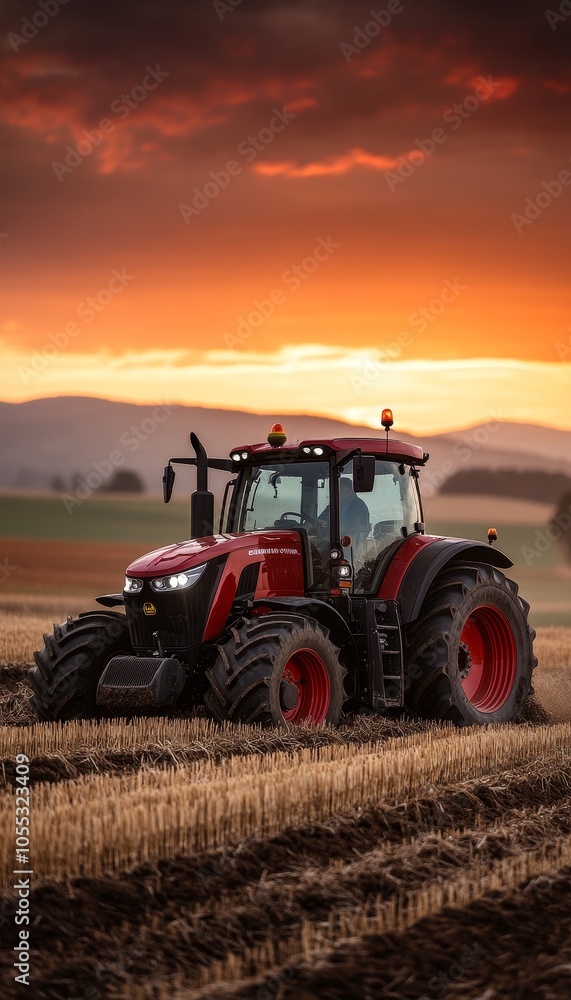 Obraz premium Powerful Red Tractor Plowing Field at Sunset, Agricultural Landscape, Farming Industry