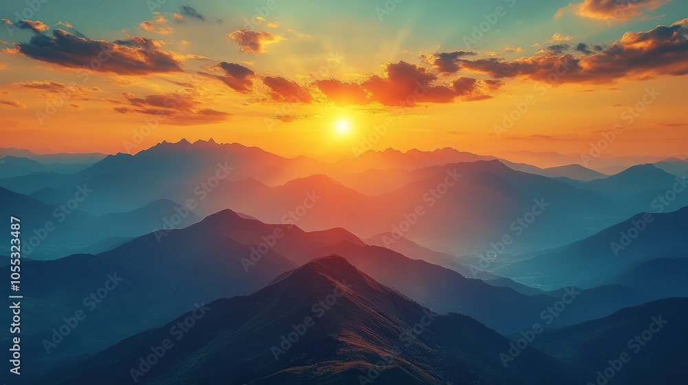 Mountain Silhouette at Sunset, layered peaks against a vibrant sunset sky, evoking tranquility and the beauty of nature's transitions Mountain Silhouette at Sunset, layered peaks against a vibrant sunset sky, evoking tranquility and the beauty of nature's transitions