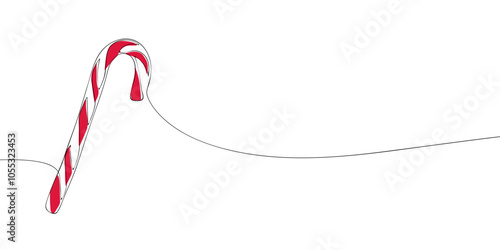 A single line drawing of a a candy cane. Continuous line christmas icon in color. One line icon. Vector illustration.