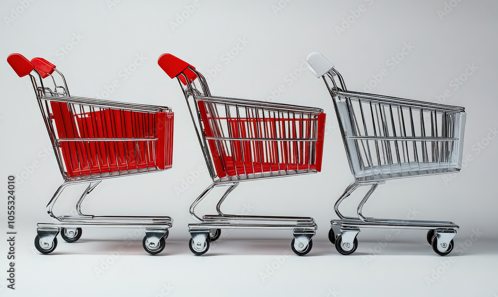 Three shopping carts, one red, one red, and one white, lined up in row, symbolizing consumerism and choice Three shopping carts, one red, one red, and one white, lined up in row, symbolizing consumerism and choice