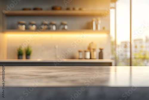 A modern kitchen with a concrete countertop, minimalist shelving, warm lighting, and small plants, creating a clean and organized space 