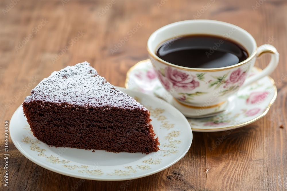 a piece of chocolate sponge cake on a saucer next to a cup of coffee a piece of chocolate sponge cake on a saucer next to a cup of coffee