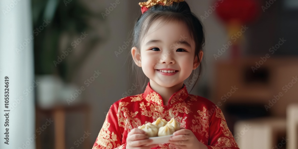 A young Chinese girl eating dumplings in New Year's clothes A young Chinese girl eating dumplings in New Year's clothes