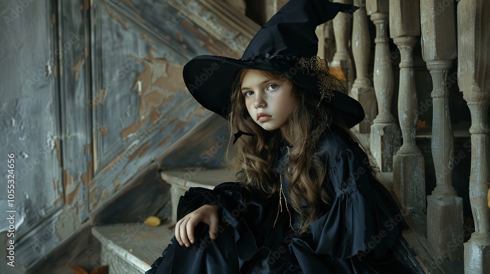Obraz premium Little Girl in Witch Costume - an adorable and enchanting Halloween scene. The girl’s witch costume captures a playful and festive spirit.