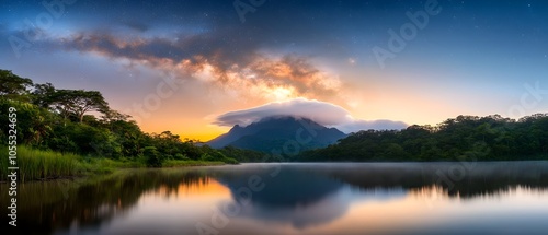 Breathtaking view of the Milky Way galaxy shining brightly over a tranquil lake with the still water creating a perfect mirror reflection of the stars in the night sky