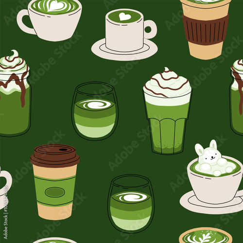 Japan matcha latte seamless pattern. Flat cartoon illustration of matcha drinks. Matcha latte with foam art, heart, rabbit, flower. Green matcha in various cups.