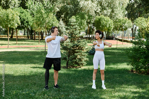 Two friends engage in a workout session in a lush park, enjoying fitness and friendship together.