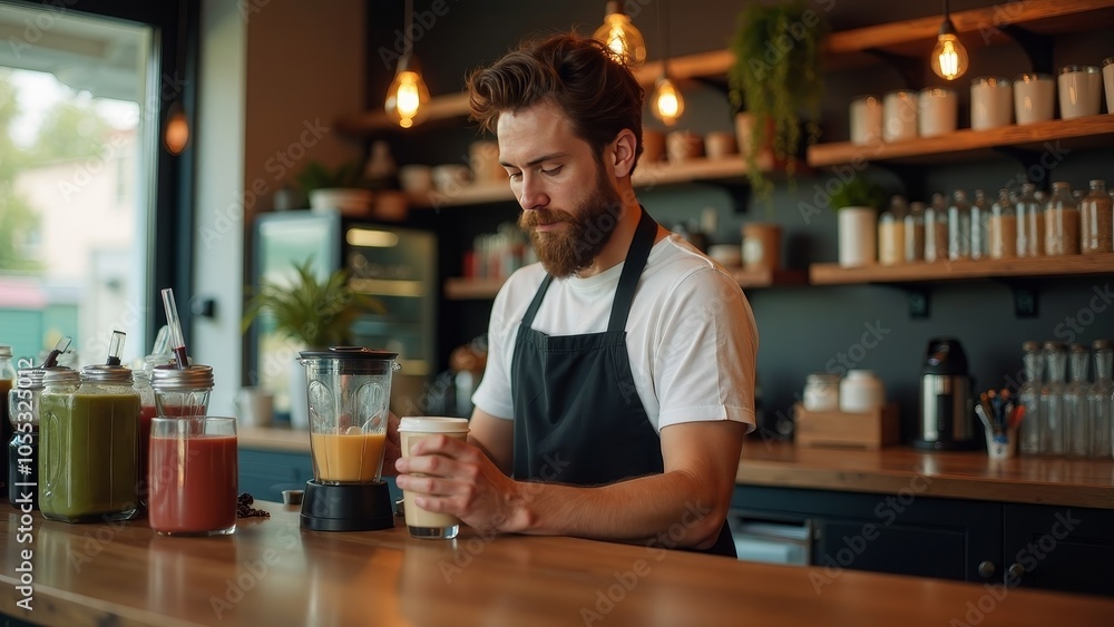 Focused Barista Preparing Smoothie at Trendy Café Counter Focused Barista Preparing Smoothie at Trendy Café Counter