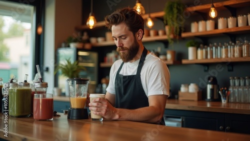 Focused Barista Preparing Smoothie at Trendy Café Counter