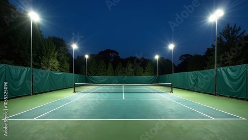 Night View of a Spacious Tennis Court with Lights