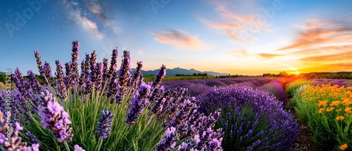 Mesmerizing Milky Way galaxy arching over a tranquil field of vibrant purple lavender flowers creating a breathtaking cosmic nature scene at dusk