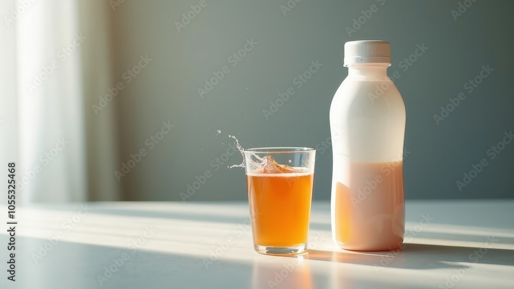 Refreshing Drink Splash - Professional Shaker Bottle and Glass on Table Refreshing Drink Splash - Professional Shaker Bottle and Glass on Table
