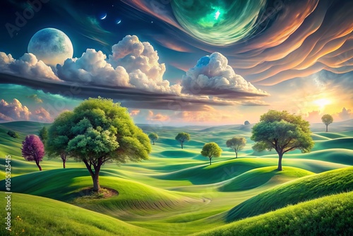 Enigmatic horizons blend with vivid greenery, creating surreal landscapes adorned with dreamlike patterns. Nature’s beauty unfolds in immersive fields, evoking a sense of ethereal wonder.