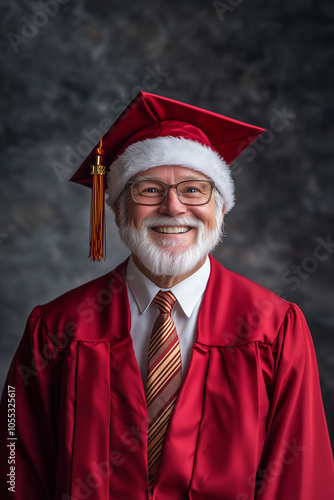 smiling, confident santa claus in his graduation hat posing for the school yearbook