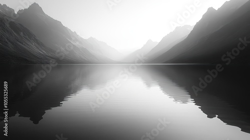 Mountain silhouettes mirrored in tranquil lake water, serene landscape capturing nature's beauty at dusk photo