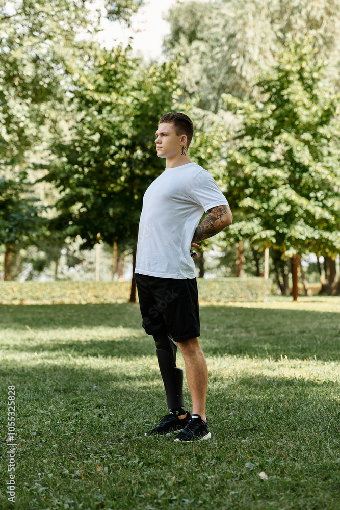 man with prosthetic leg enjoy a workout, embodying strength and inclusivity in a vibrant outdoor setting. man with prosthetic leg enjoy a workout, embodying strength and inclusivity in a vibrant outdoor setting.