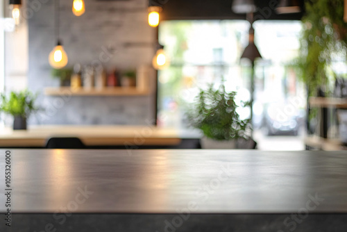 a blurred modern cafe interior with a sleek dark countertop surrounded by natural light and warm hanging pendant lights
