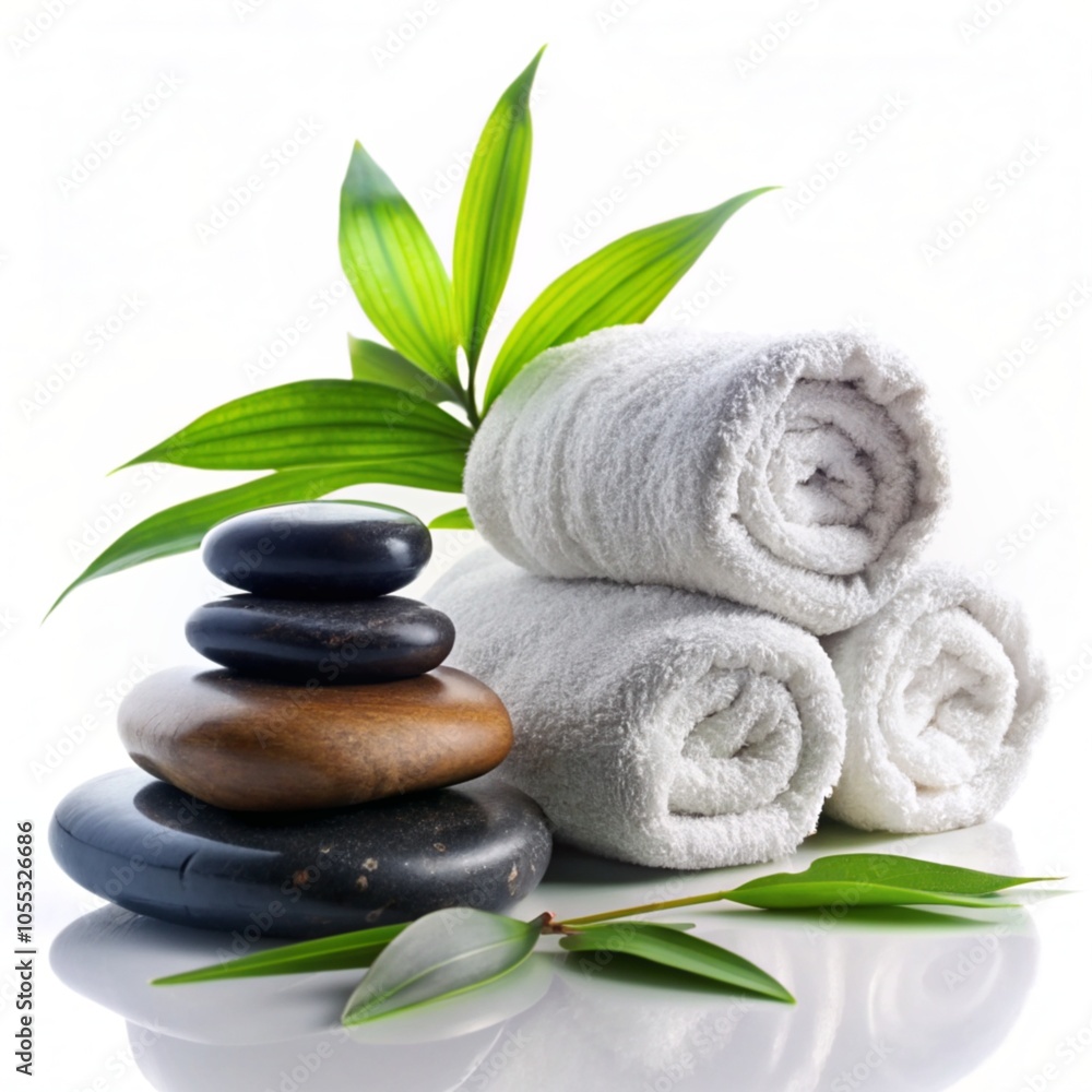 The spa concept has basalt stones, towels, and bamboo on a white background. The spa concept has basalt stones, towels, and bamboo on a white background.