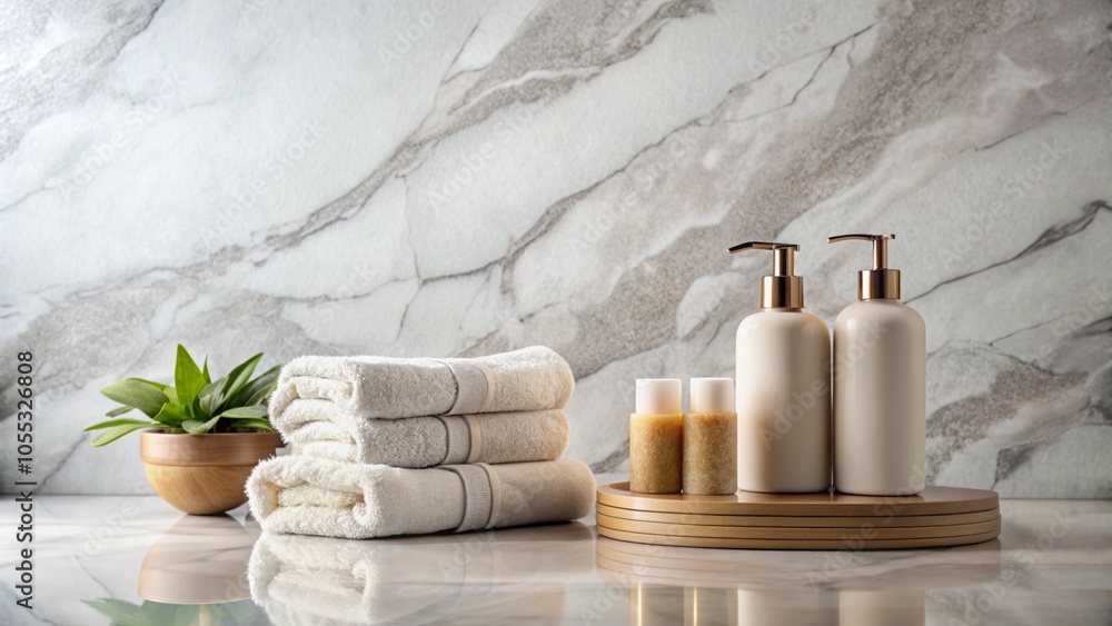 Towels, shampoo, and soap against a marble wall. Spa and wellness setting. Towels, shampoo, and soap against a marble wall. Spa and wellness setting.