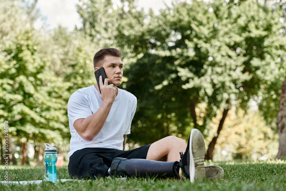Tattooed young man with prosthetic leg sitting on fitness mat and having phone call, using smartphone in park Tattooed young man with prosthetic leg sitting on fitness mat and having phone call, using smartphone in park