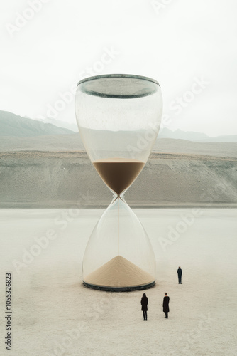 A colossal hourglass stands in a desolate landscape, dwarfing three small human figures nearby, symbolizing the relentless passage of time and human insignificance.