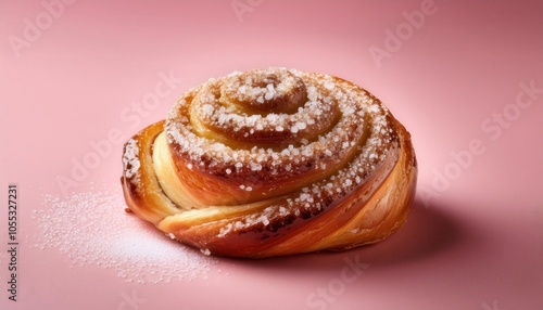 Wallpaper Mural Golden Caramelized Brioche Swirl with Sparkling Sugar Crystals on a Soft Pink Background. Perfect for Food Photography, Bakery Promotions, Breakfast Menu Designs, and Culinary Blogs Torontodigital.ca