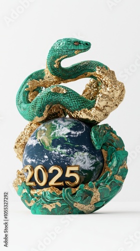 Green and Gold Number Wrapped Around the Earth with an Asian Snake Coiled on Top, Symbolizing Global Unity and Prosperity Generative AI photo