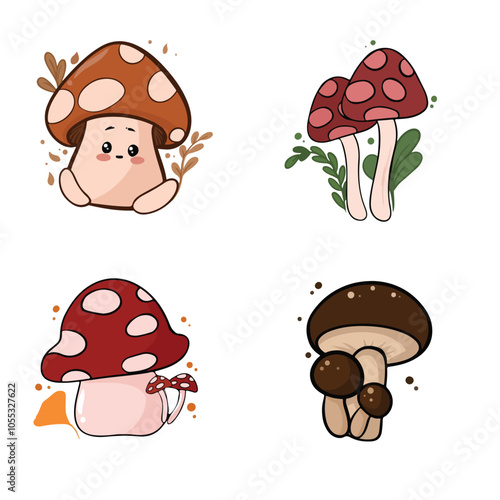 set of  Cartoon mushrooms  vector illustration set. Forest wild