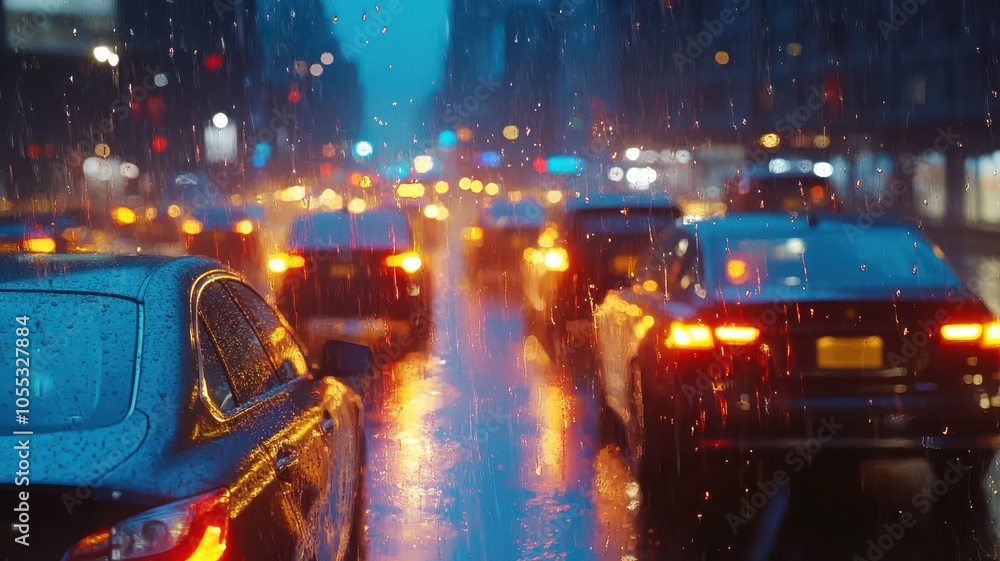 Car windshield with rain drops and frameless wiper blade,Traffic Jam with raining in evening day in the city,Drops of water on the car after rainy,outside car,Raindrops falling on a glass droplets. Car windshield with rain drops and frameless wiper blade,Traffic Jam with raining in evening day in the city,Drops of water on the car after rainy,outside car,Raindrops falling on a glass droplets.