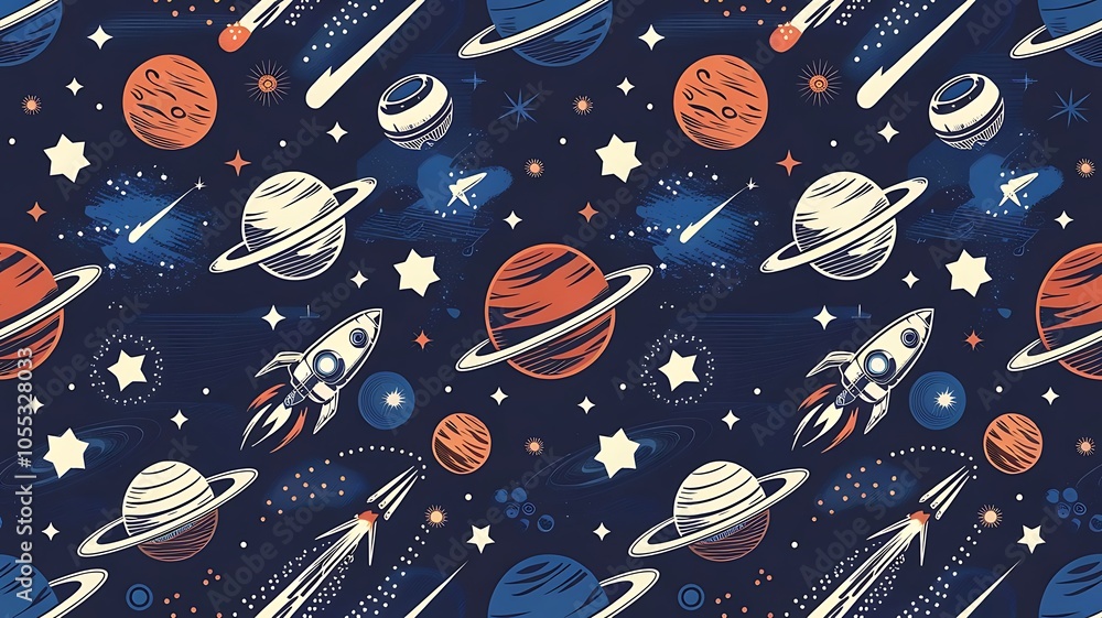 Stylized retro space objects vector seamless background Stylized retro space objects vector seamless background