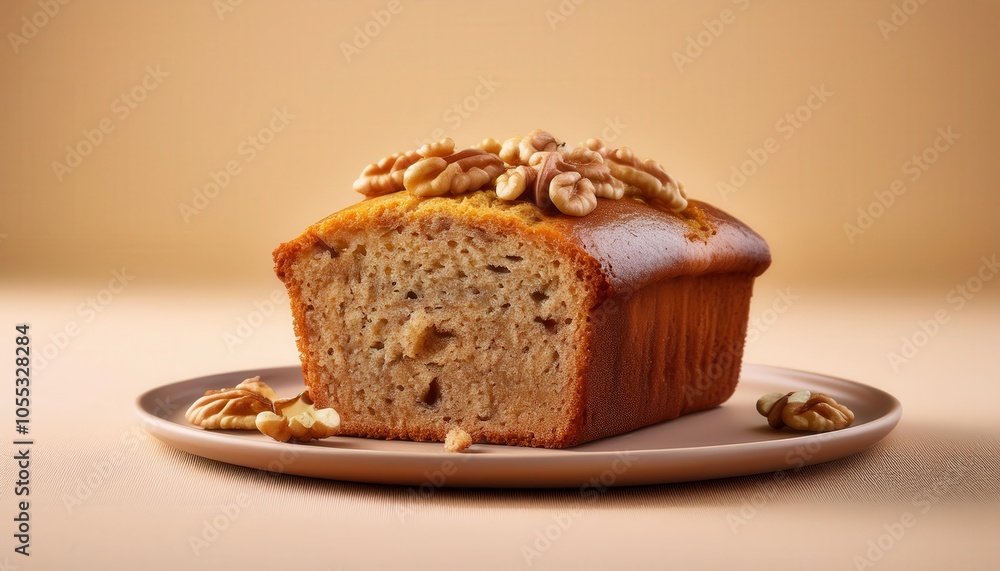 Close-Up of a Homemade Walnut Banana Almond Cake Loaf with Golden Crust and Topped with Chopped Nuts, Perfect for Cozy Holiday Gatherings, Christmas Breakfast, or Seasonal Winter Brunch Settings Close-Up of a Homemade Walnut Banana Almond Cake Loaf with Golden Crust and Topped with Chopped Nuts, Perfect for Cozy Holiday Gatherings, Christmas Breakfast, or Seasonal Winter Brunch Settings