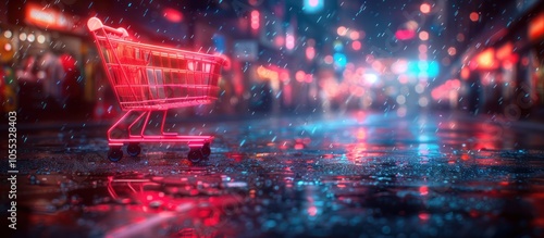 Shopping Cart in a Neon Rain-Drenched City