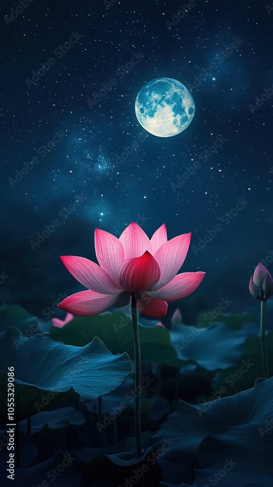 Pink Lotus flowers under the full moon,Full moon in midnight,beautiful night sky in the countryside with the perfect moon exudes beauty in the dark,Banner for Mid Autumn Festival. Pink Lotus flowers under the full moon,Full moon in midnight,beautiful night sky in the countryside with the perfect moon exudes beauty in the dark,Banner for Mid Autumn Festival.