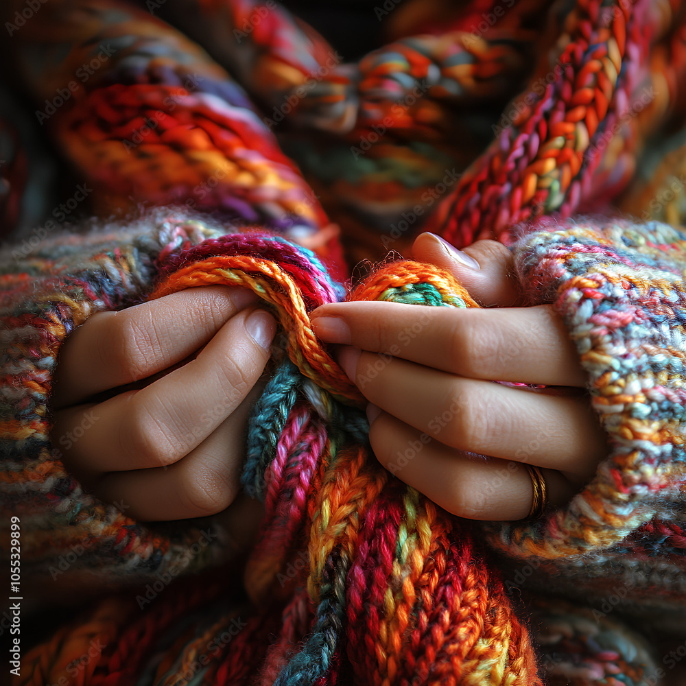 Woman s Hands Holding Colorful Knitted Scarf Woman s Hands Holding Colorful Knitted Scarf