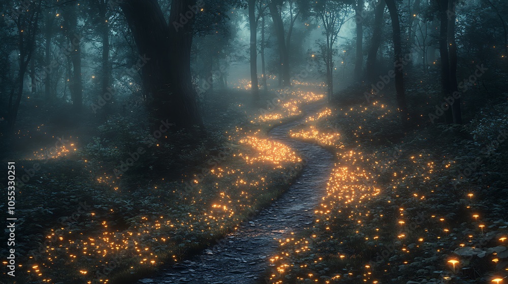 Obraz premium A winding path through a mystical forest illuminated by glowing lights.