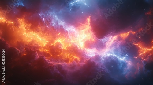 Abstract background with fiery red and blue lightning streaks in a stormy sky.