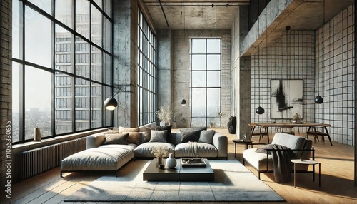 A chic loft living room with contemporary interior design elements