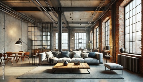 A modern living room in a loft-style interior with an industrial design