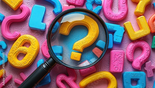 Colorful question mark with a magnifying glass on a white background. Top view of colorful plastic numbers and letters, isolated on a pastel background. 