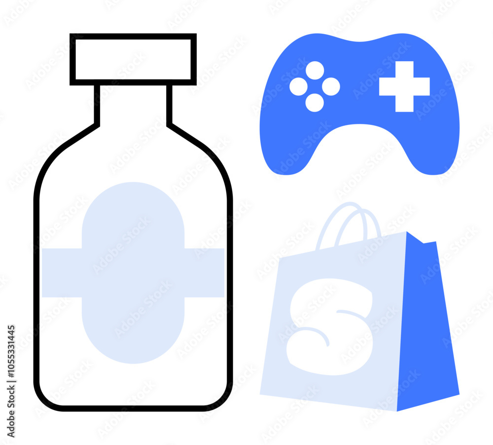 Medical bottle on the left, game controller on the top right and shopping bag on the bottom right. Ideal for themes of healthcare, gaming, shopping, consumer products and digital applications. Simple Medical bottle on the left, game controller on the top right and shopping bag on the bottom right. Ideal for themes of healthcare, gaming, shopping, consumer products and digital applications. Simple