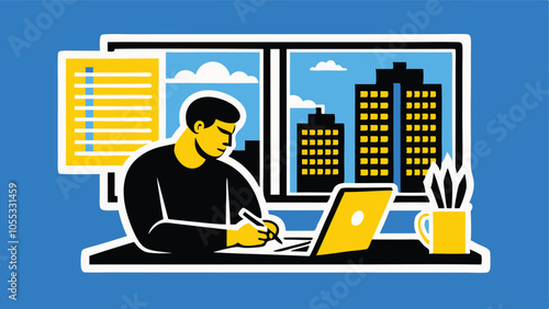 A reporter typing news on a laptop in his living room vector