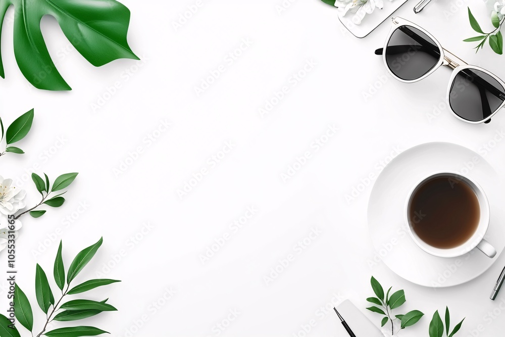 Minimalist Flat Lay: Coffee, Sunglasses, and Greenery Minimalist Flat Lay: Coffee, Sunglasses, and Greenery