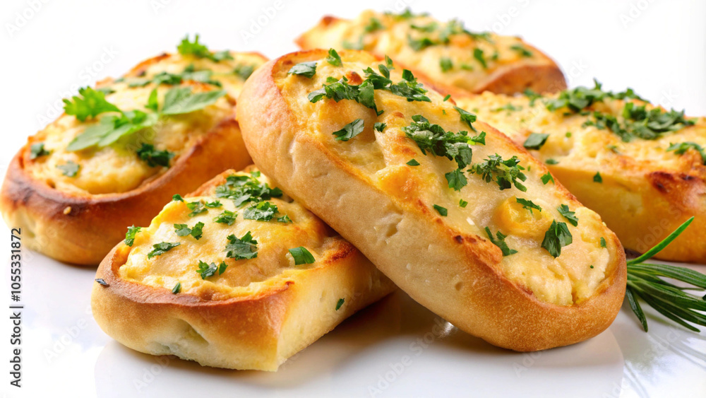 Cheesy garlic breads on white background Cheesy garlic breads on white background