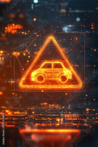 Glowing Car Warning Sign On Futuristic Background. Automotive, Safety, Technology Concept.