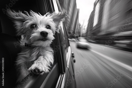 A small dog enjoys the rush of city life while peeking out of a moving car window on a sunny day